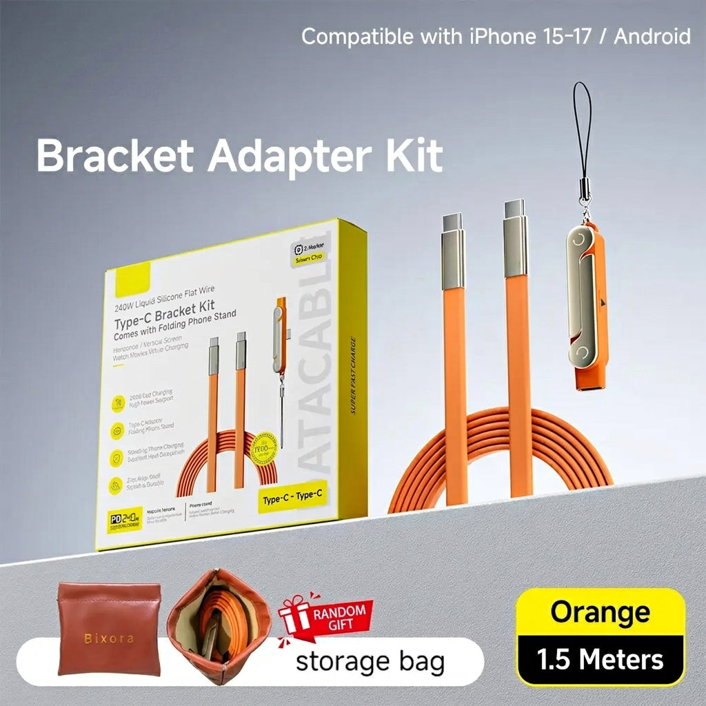 240W SuperCharge 360° Rotating Invisible Stand Detachable 2-in-1 Charging Cable, Zinc Alloy Silicone Type-C Cable, Compatible with Apple and Samsung, Essential for Gaming, Office and Car Use | Single Head, Set.extend Charger Smartphone