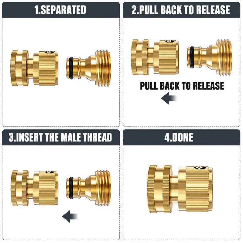 Garden Hose Quick Connector, 1 PCS Solid Brass 3/4 Inch GHT Thread Fitting(NO Sprayer), No-Leak Water Hose Female & Male Adapter, Garden Hose Connectors