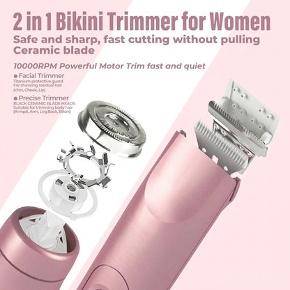 Bikini Trimmer for Women, Electric Shaver and Razor Rechargeable 2-in-1 Body and Facial Epilator, Dual Heads for Painless Trimming of Pubic Hair, Face, Underarms and Legs, IPX7 Waterproof. Christmas Gift New Year Gift Shaving Grooming