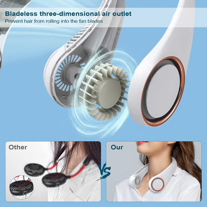 Neck Fan, Rechargeable Personal Portable, Hands Free wearable BatteryOperated 5 Speeds, USB Neck Cooling for Indoor Outdoor, Adjustable Width Fit, White Hands-Free Neck Fan with Digital Display Bladeless Neck Fan