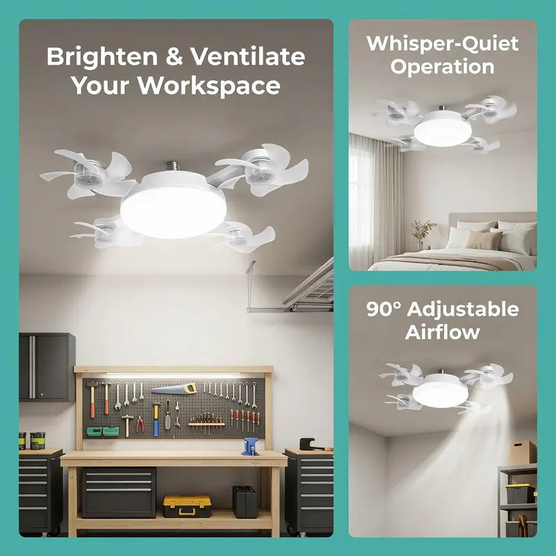 2026 New Socket Fan Light, Screw-in Ceiling Fan with Light and Remote Control, 2-in-1 E27 Dimmable LED Small Light Bulb Fan, Ultra-Quiet Energy-Saving Cooling Fan for Bedroom, Kitchen, Garage