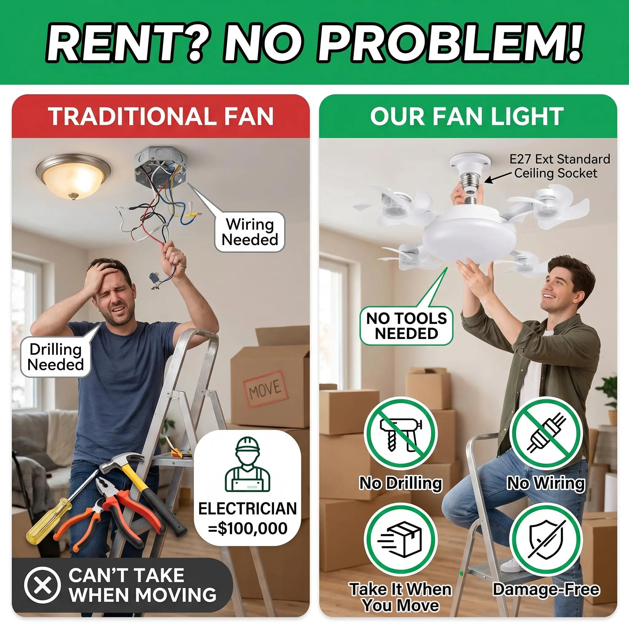 2026 New Socket Fan Light, Screw-in Ceiling Fan with Light and Remote Control, 2-in-1 E27 Dimmable LED Small Light Bulb Fan, Ultra-Quiet Energy-Saving Cooling Fan for Bedroom, Kitchen, Garage