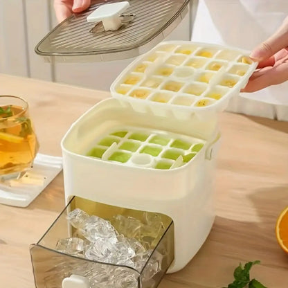 48-compartment ice maker with easy-press lid - Double-layer portable design, includes silicone tray, durable plastic construction, countertop ice maker, beverage cooling, suitable for homemade frozen foods and drinks, ideal for summer drinks.