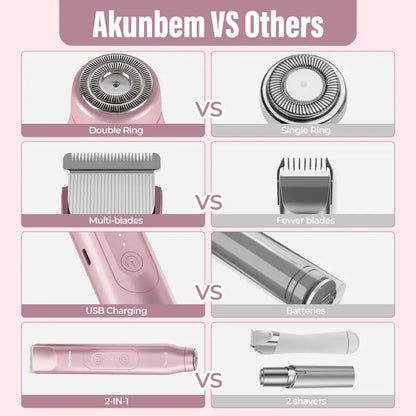 Bikini Trimmer for Women, Electric Shaver and Razor Rechargeable 2-in-1 Body and Facial Epilator, Dual Heads for Painless Trimming of Pubic Hair, Face, Underarms and Legs, IPX7 Waterproof. Christmas Gift New Year Gift Shaving Grooming