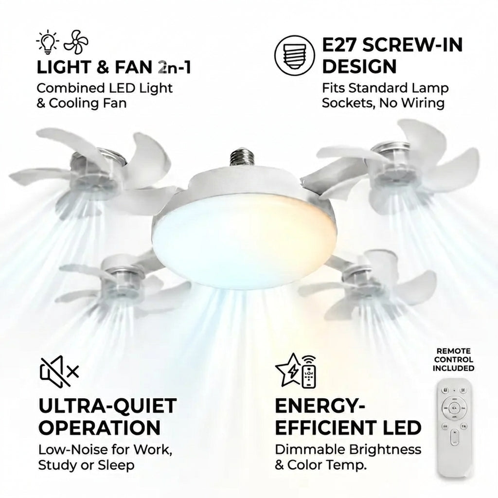 2026 New Socket Fan Light, Screw-in Ceiling Fan with Light and Remote Control, 2-in-1 E27 Dimmable LED Small Light Bulb Fan, Ultra-Quiet Energy-Saving Cooling Fan for Bedroom, Kitchen, Garage