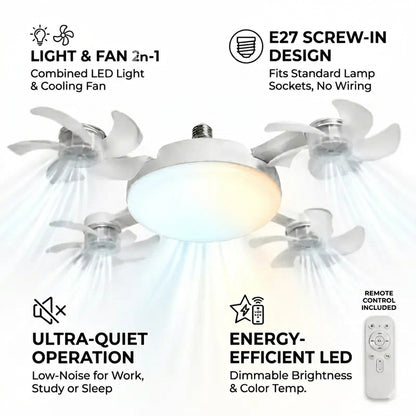 2026 New Socket Fan Light, Screw-in Ceiling Fan with Light and Remote Control, 2-in-1 E27 Dimmable LED Small Light Bulb Fan, Ultra-Quiet Energy-Saving Cooling Fan for Bedroom, Kitchen, Garage