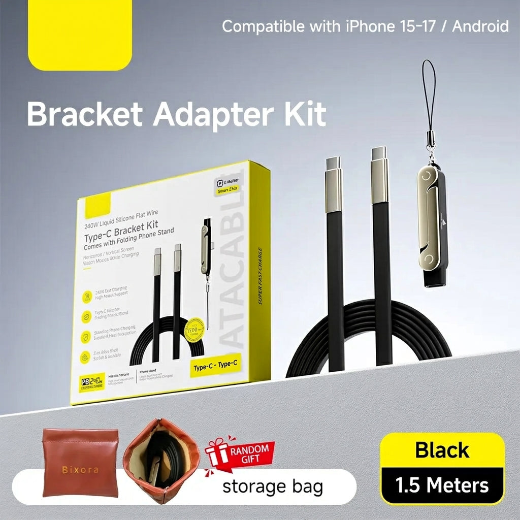 240W SuperCharge 360° Rotating Invisible Stand Detachable 2-in-1 Charging Cable, Zinc Alloy Silicone Type-C Cable, Compatible with Apple and Samsung, Essential for Gaming, Office and Car Use | Single Head, Set.extend Charger Smartphone