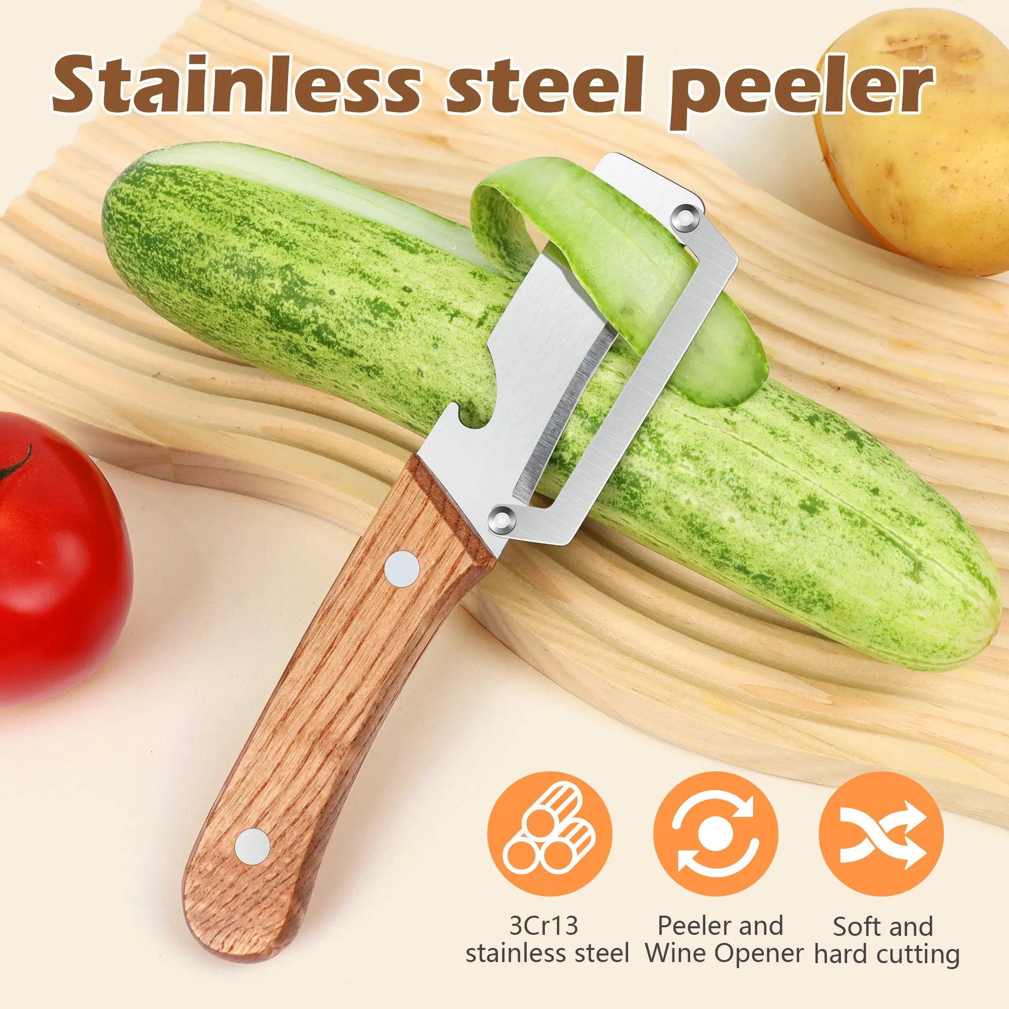 Wooden-Handled Vegetable & Fruit Peeler - Stainless Steel Blade with Built-In Bottle Opener, Ergonomic Kitchen Tool
