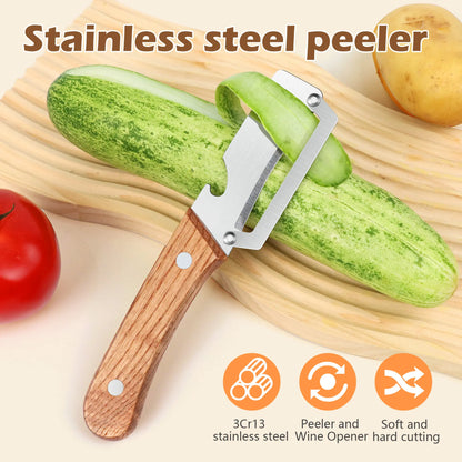 Wooden-Handled Vegetable & Fruit Peeler - Stainless Steel Blade with Built-In Bottle Opener, Ergonomic Kitchen Tool