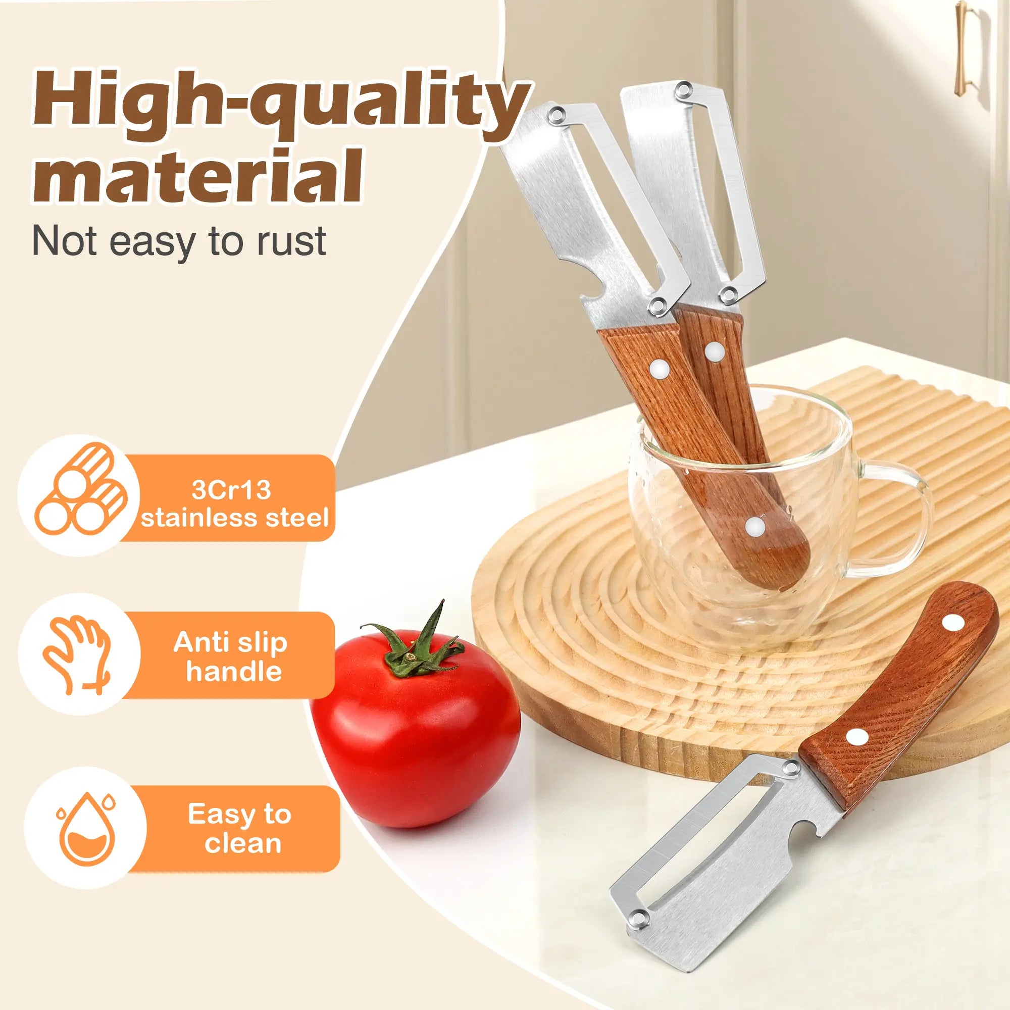 Wooden-Handled Vegetable & Fruit Peeler - Stainless Steel Blade with Built-In Bottle Opener, Ergonomic Kitchen Tool
