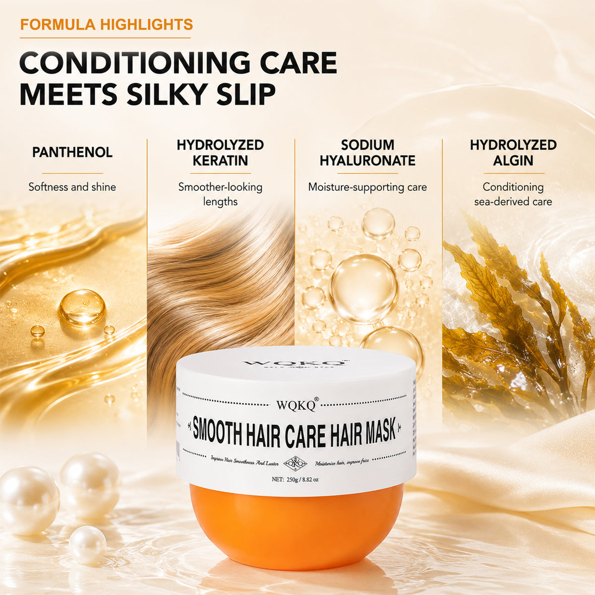 WQKQ Smooth Hair Care Hair Mask 250g – Deep Conditioning Treatment for Dry, Frizzy & Damaged Hair – with Panthenol, Hydrolyzed Keratin & Hyaluronic Acid – Soft, Smooth, Glossy Finish – For All Hair Types