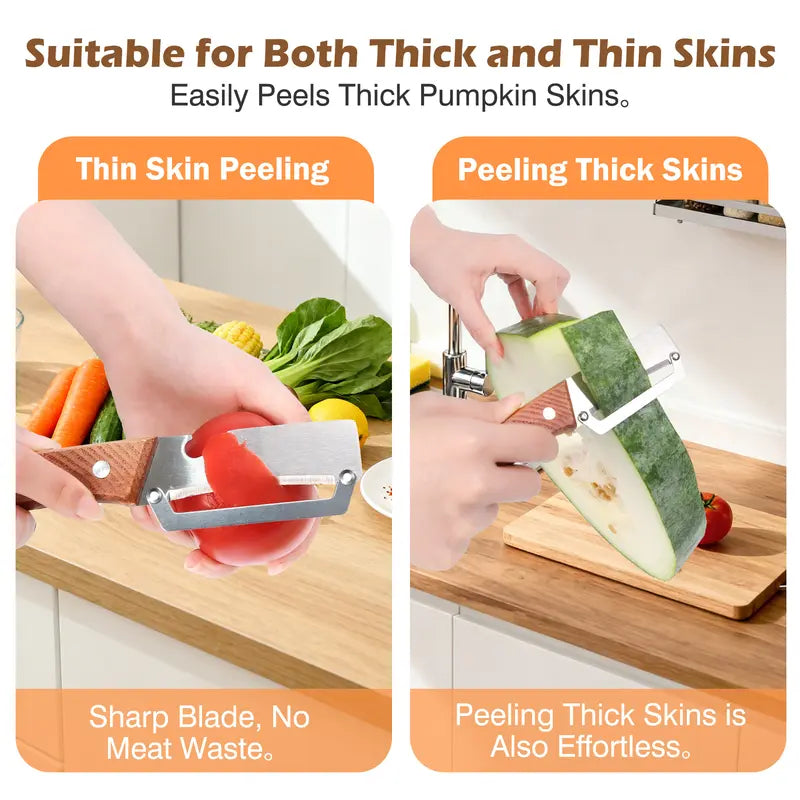 Wooden-Handled Vegetable & Fruit Peeler - Stainless Steel Blade with Built-In Bottle Opener, Ergonomic Kitchen Tool