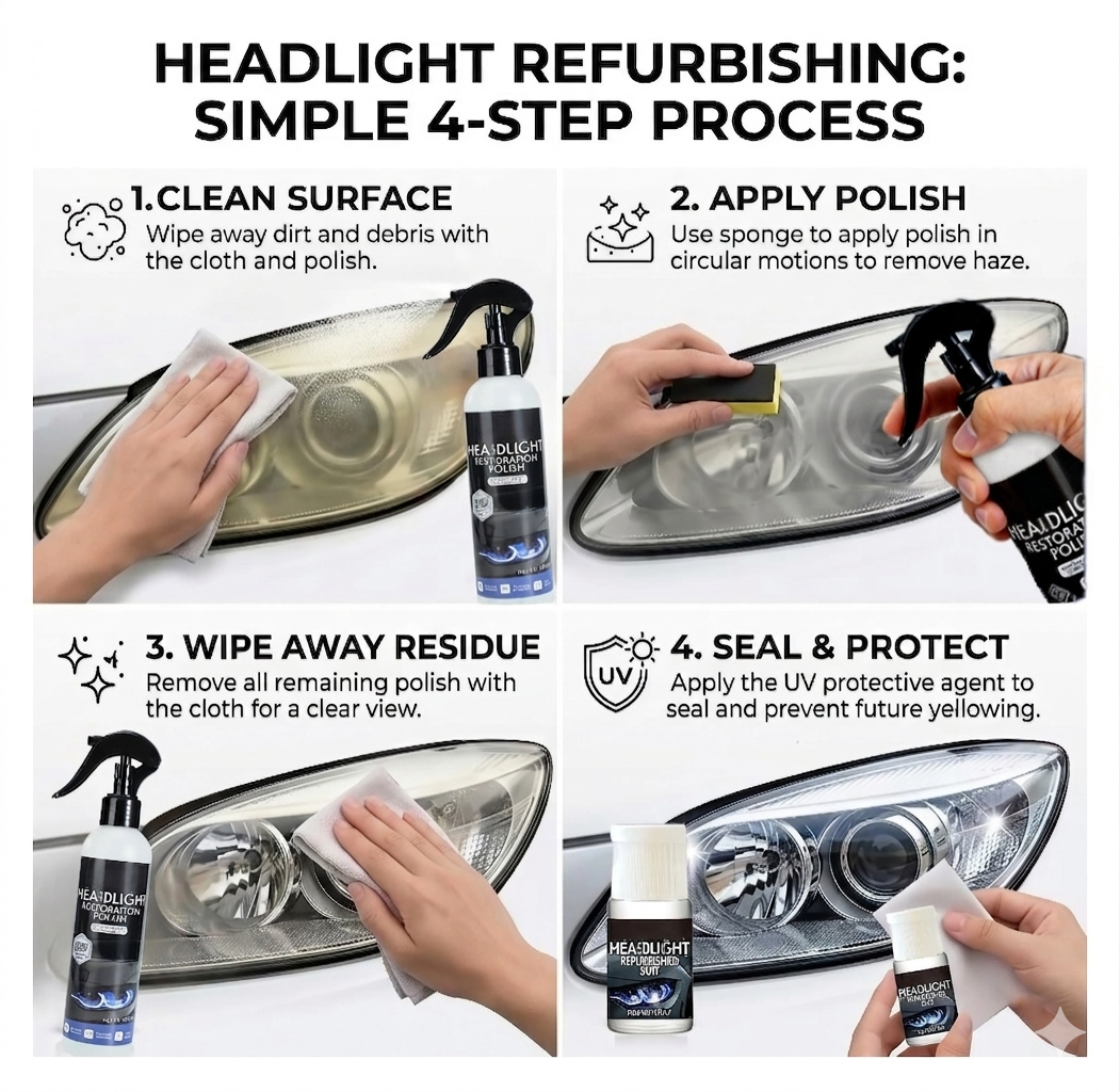 Automotive Headlamp Restoration Fluid, oxidized and yellowed automotive headlamps, blurring enhanced crystalline coating refurbisher