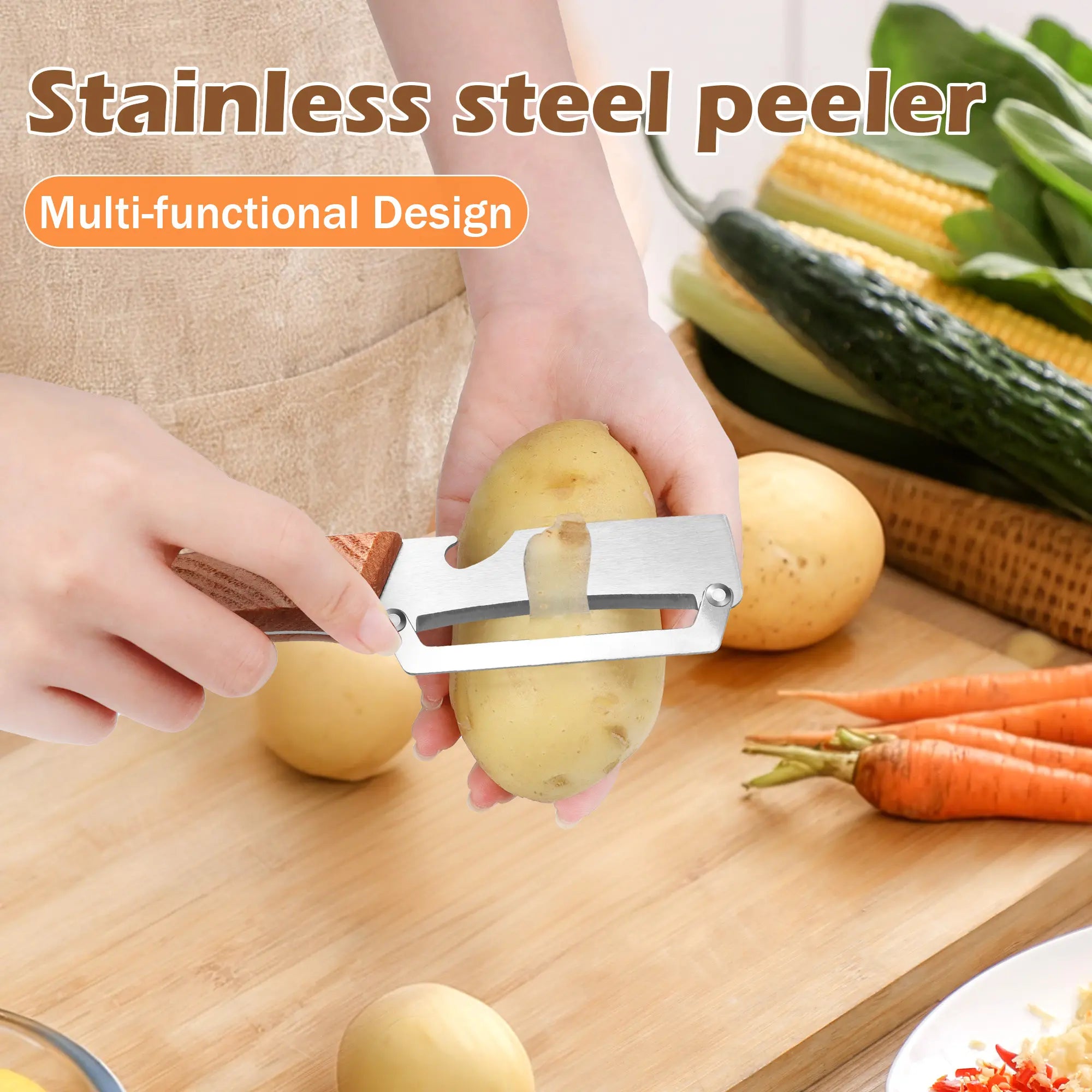 Wooden-Handled Vegetable & Fruit Peeler - Stainless Steel Blade with Built-In Bottle Opener, Ergonomic Kitchen Tool
