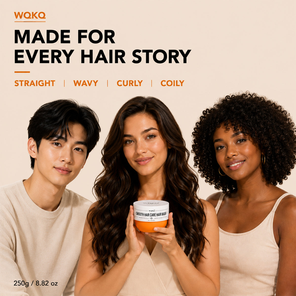 WQKQ Smooth Hair Care Hair Mask 250g – Deep Conditioning Treatment for Dry, Frizzy & Damaged Hair – with Panthenol, Hydrolyzed Keratin & Hyaluronic Acid – Soft, Smooth, Glossy Finish – For All Hair Types