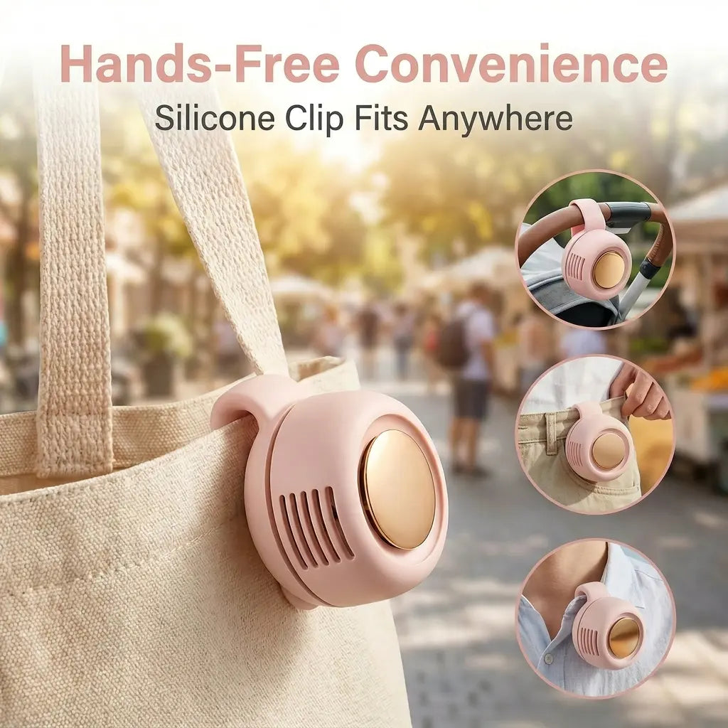 Mini Bladeless Fan. Portable, rechargeable, and silent. Features 3 adjustable speeds, a rotating body, and versatile use as a handheld, waist-mounted, or phone cooling fan. Ideal for outdoor travel,Perfect Gift