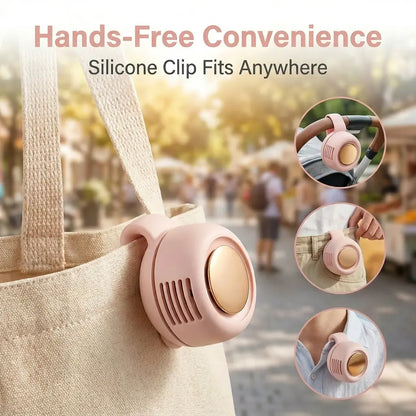 Mini Bladeless Fan. Portable, rechargeable, and silent. Features 3 adjustable speeds, a rotating body, and versatile use as a handheld, waist-mounted, or phone cooling fan. Ideal for outdoor travel,Perfect Gift